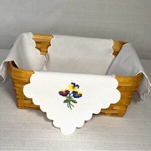 Bread Basket with embroidered pansies biscuit scarf serveware Baker kitchen